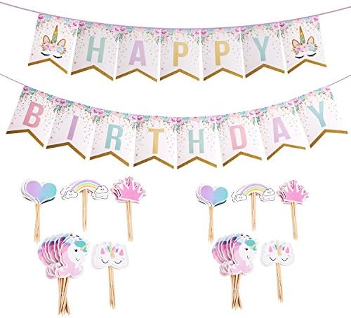 Oexper Unicorn Happy Birthday Sparkle Bunting Banners and 48 Pieces Unicorn Cupcake Toppers Rainbow Heart Crown Cake Decorations for Fantasy Fairy Girls Birthday Party Supplies Unicorn Themed Party Favors