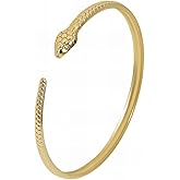 18K Gold Plated Snake Bangle Bracelet, 7.5 Inches, Stainless Steel, Hinged Clasp, Fashion Jewelry for Women