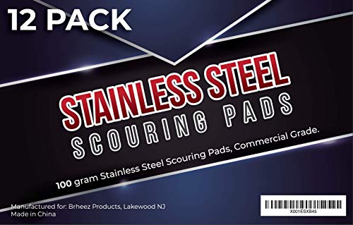 brheez Stainless Steel Scouring Pads, Heavy Duty Steel Sponges - Removes Grease, Oil and Dirt Stains from Pots, Glassware and Bakeware - Commercial Grade - 12 Pack (100 Grams)