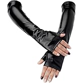 CALFOVERA Black Long Half Palm PU Leather Gloves Shiny Metallic Rock Stage Fingerless Gloves Stretchy Gothic Punk Dress Up Arm Warmer Arm Sleeves for Women Girls Halloween Costume Party Cosplay