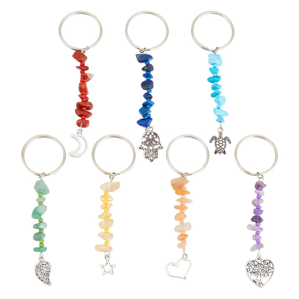 GOMAKERER 14 Pcs 7 Styles Gemstone Keychains, Stone Chip Keychains Alloy Leaf Moon Key Chain Star Heart Charms Keychains Irregular Crystal Pendants for Crafting Jewelry Making Car Key