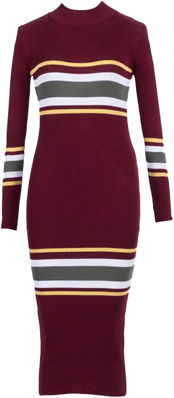 Womenâs Mock Neck Long Sleeve Stripe Color Block Knit Sweater Midi Bodycon Dress (One Size, A 