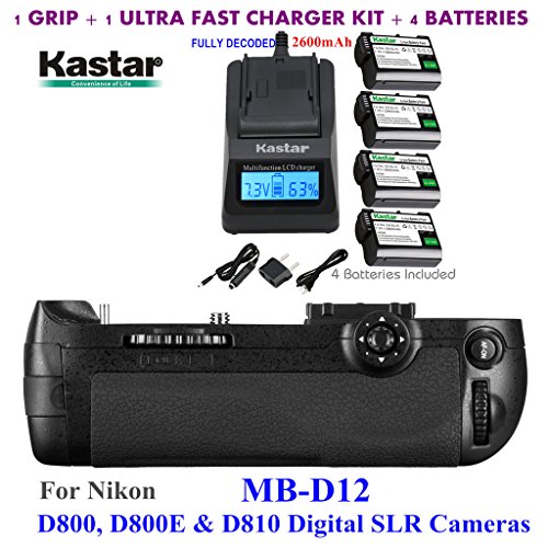 Kastar Pro Multi-Power Vertical Battery Grip (Replacement for MB-D12) + 4 x EN-EL15 Replacement Batteries + Ultra Fast Charger Kit for Nikon D800, D800E & D810 Digital SLR Camera