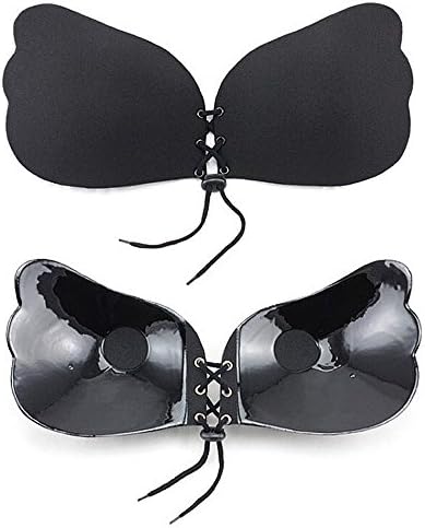 Lace-Up Adhesive Push-Up Sticky Bra Backless Strapless Reusable Black Nude (S/M, Black)