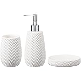 White Bathroom Accessories Set, 3pcs Ceramic Wave Design Farmhouse Decor, Complete countertop Bathroom Decor with soap Dispenser，Toothbrush Holder and soap Dish for Stylish Bathroom Organization