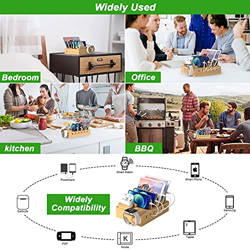 ZCPOW Bamboo Charging Station for Multiple Devices Dock Organizer with 5 USB Ports and 5 Charging Cables Compatible with Cellphone, Kindle, Smart Watch, Power Bank,(UL Adapter Attached).
