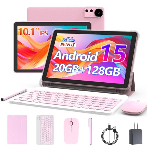 CUPEISI Android 15 Tablet 10 Inch, 20GB RAM+128GB ROM/ 2TB Expandable, 2.0GHz Quad-core Processor, 1280*800 HD Screen, 5G WiFi6 BT 5.0, 2 in 1 Tablets with Keyboard Case Mouse Stylus, Widevine L1 Pink