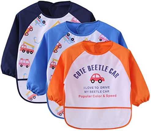 3PCS Infant Baby Waterproof Sleeved Bib Car Printed Smock for Burp Cloth Sets 0-3T Baby - Orange & Blue & Navy