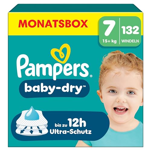 Pampers Nappies Size 7 (15 kg+) Baby-Dry, Extra Large, Monthly Box, Up to 12 Hours All-Round Leak Protection, (Pack of 132)