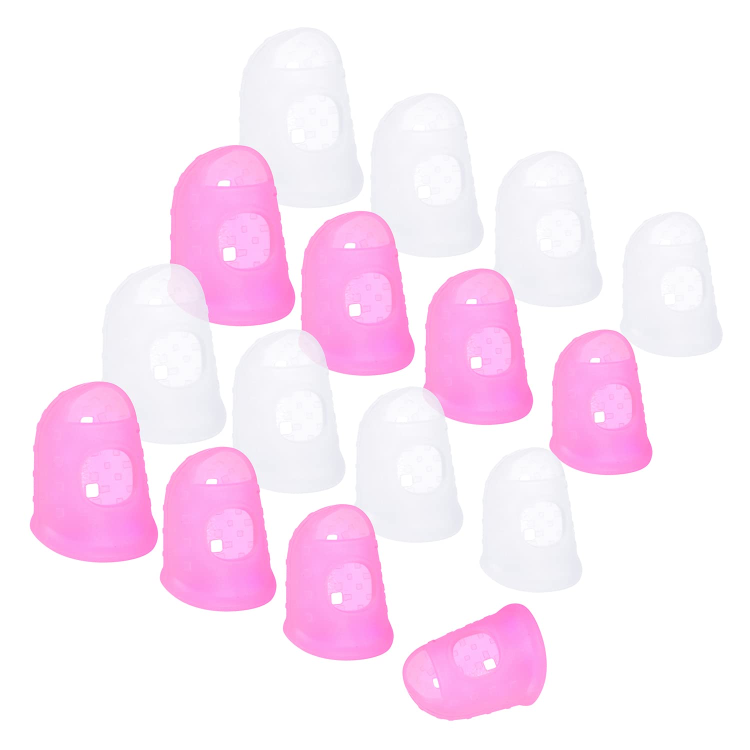 Wisdompro 16 Pcs Finger Tips, 4 Sizes Silicone Finger Thimbles, Fingertip Grips, Finger Protector Pads Cover for Money Counting, Paper Sorting, Sewing, knitting, Guitar Playing - Pink, Translucent