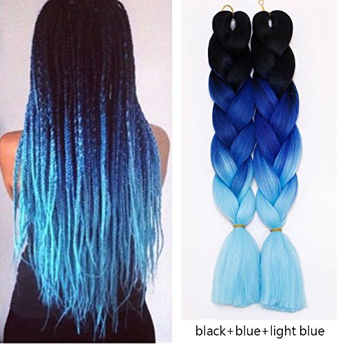 Synthetic High Temperature Fiber Ombre Braiding Hair 1 piece 24 inch Jumbo Braid Hair Extensions (black blue and light blue)