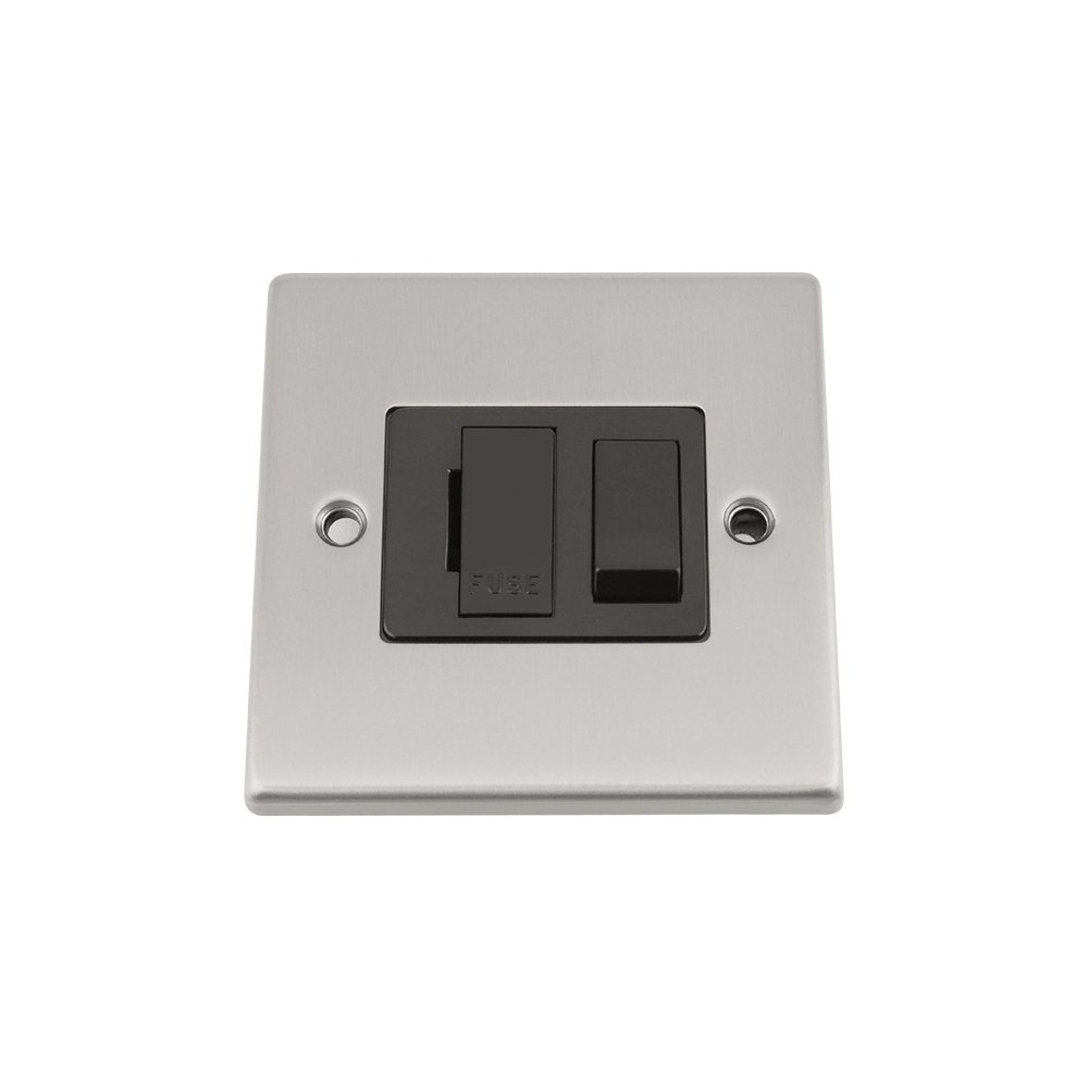 Fused Switch - Satin Matt Chrome - Square - Black Insert Plastic Switch - 13 Amp Switched Fused Spur Unit