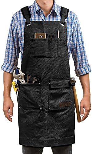 Luxury Waxed Canvas Shop Apron | Heavy Duty Work Apron for Men &amp; Women with Pocket &amp; Cross-Back Straps | Adjustable Tool Apron Up To XXL | Long, Thick, Water Resistant Workshop Apron in Gift Box