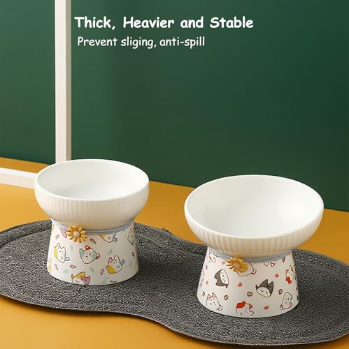 2 Pcs Elevated Ceramic Cat Bowl Raised Height Cats Feeder for Dry Wet Food & Water Anti Vomit Neck Protective Whisker Fatigue Relief Cat Food Bowls Non-Slip Pet Feeding Dish for Cats & Small Dogs