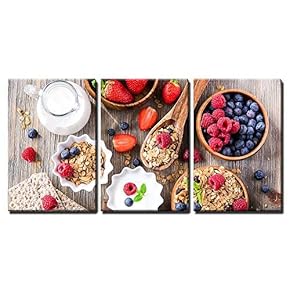 3 Piece Canvas Wall Art - Breakfast with Muesli, Berries, Crisp Bread and Yogurt - Modern Home Art Stretched and Framed Ready to Hang - 16"x24"x3 Panels
