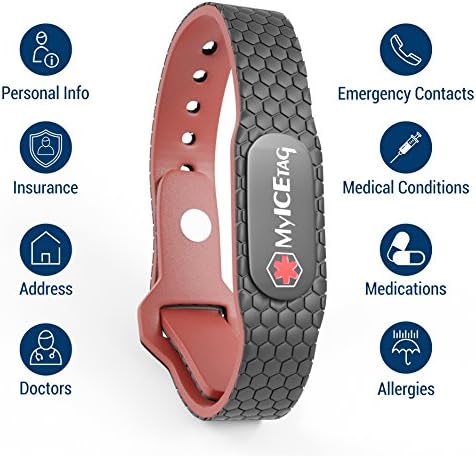 MyICETag Smart Medical Alert ID Bracelet, Safety, Sport, Emergency and Everyday Wristband - Fits Men, Women & Kids - Model Flex - Choose Your Color & Size