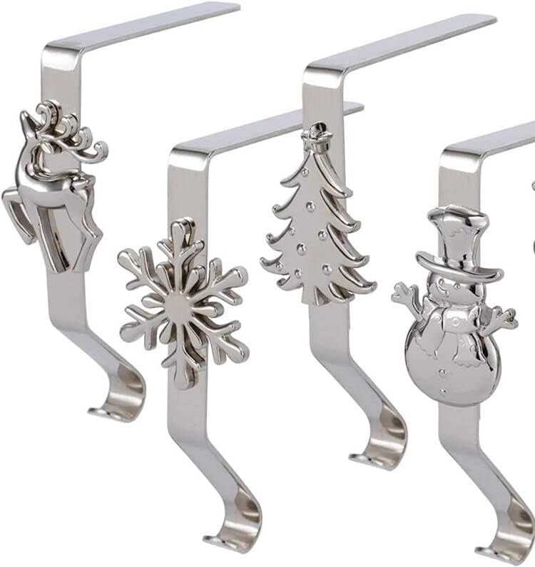Ornament Hooks - Stocking Hangers for Mantel Set of 4,Christmas Stocking Holders for Fireplace Reindeer Snowflake Snowman Xmas Tree Mantel Hooks Hanger Christmas Stockings Clip for Party Decoration ,Silver