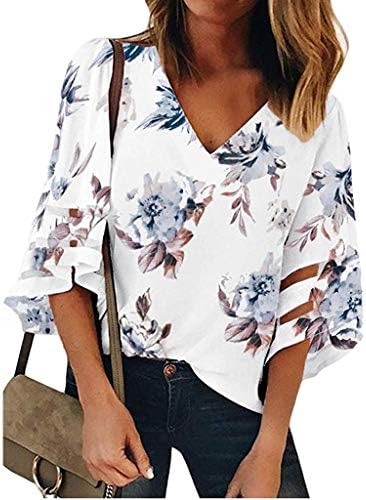 Pongfunsy Women's Summer Tops, Women's 3/4 Bell Sleeve Shirt Loose Casual Mesh Panel Blouse Trendy Patchwork Top 2019
