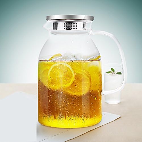Ivoku 1.8 Liter Borosilicate Glass Water Jug with Stainless Steel Lid for Boiling Water and Ice Water Beverage Pitcher Coffee Pitcher