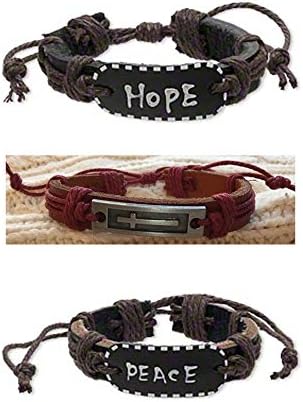 Three Adjustable Leather Bracelets Hope Peace Cross Inspirational Christian Unisex