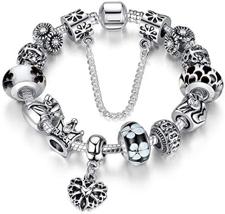 Queen European Style White and Black Snow Murano Glass Bead Heart