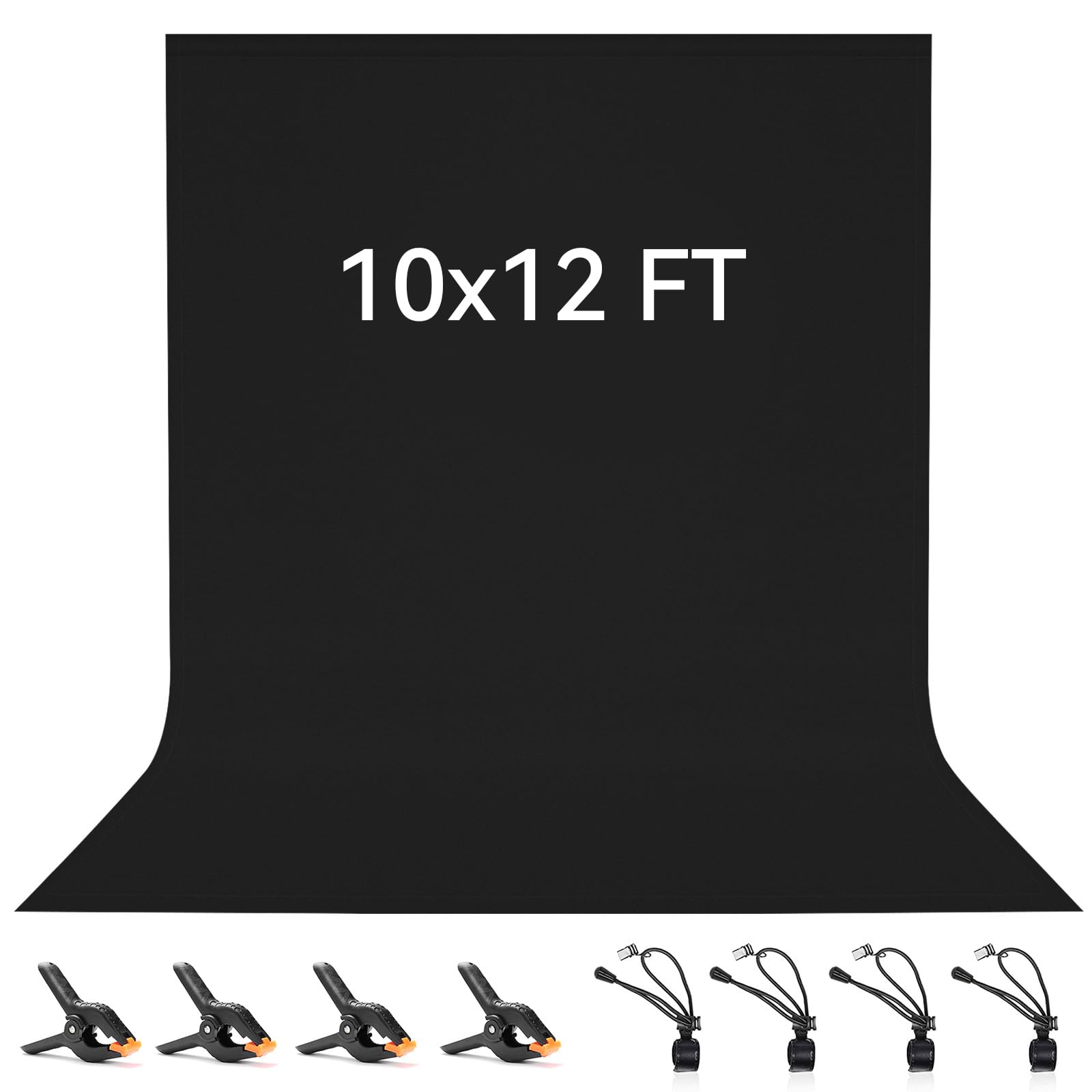 Black Backdrop 3 x 3.6 M / 10 x12 FT, Vevelux 100% Polyester Photography Background with 4 Spring Clamps & 4 Anti-Wrinkle Backdrop Clips Foldable Washable White Screen for Studio Photo Video Shooting — image 1