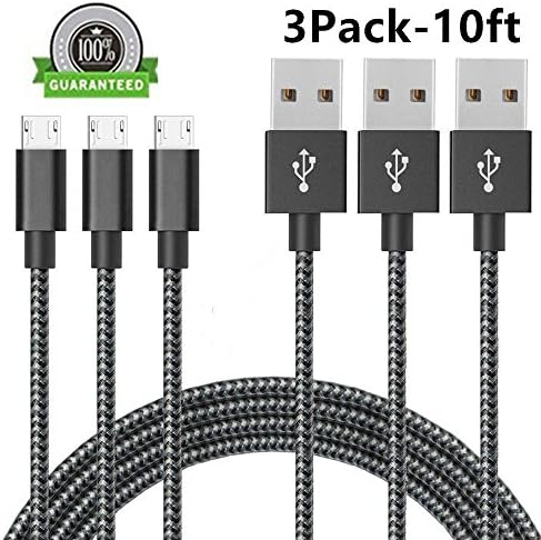 AOSON Micro USB Cable [3pcs 10ft] Braided Fast Charger Cordsfor Samsung USB Cables/Android Cables - Micro USB Charging Cables for Galaxy S7/S6/S5,Note 5/4/3,HTC,LG,Nexus Sony (3X10ft Black White)