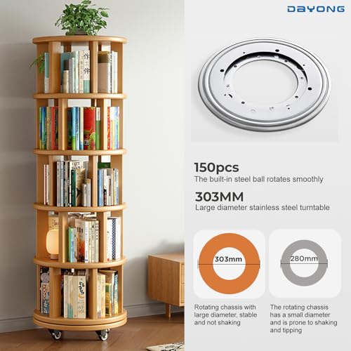 DAYONG 5-Tier Rotating Bookshelf, Large Capacity Solid Wood Bookcase with Wheels, Space-Saving Book Shelf Storage Display Rack Floor Standing Shelves for Small Space, Corner, Office (Natural)