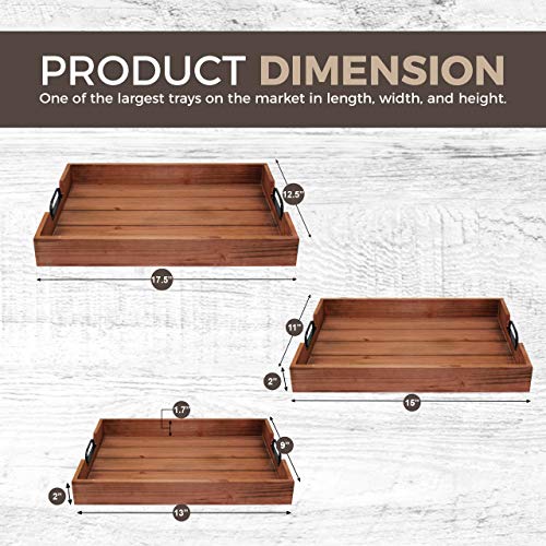 3 PieÂ­ce Decorative Nested Vintage Wood Serving Tray Set For Coffee Table or Ottoman - Rustic Wooden Breakfast Trays For Kitchen, Dining Room, or Living Room - Farmhouse Platter w/Handles - Cherry