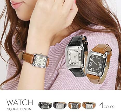 Amazon レディース腕時計 スクエアフェイス 上質レザー アンティーク風ウォッチ デザイン時計 キャメル ホワイト 腕時計 腕時計 通販
