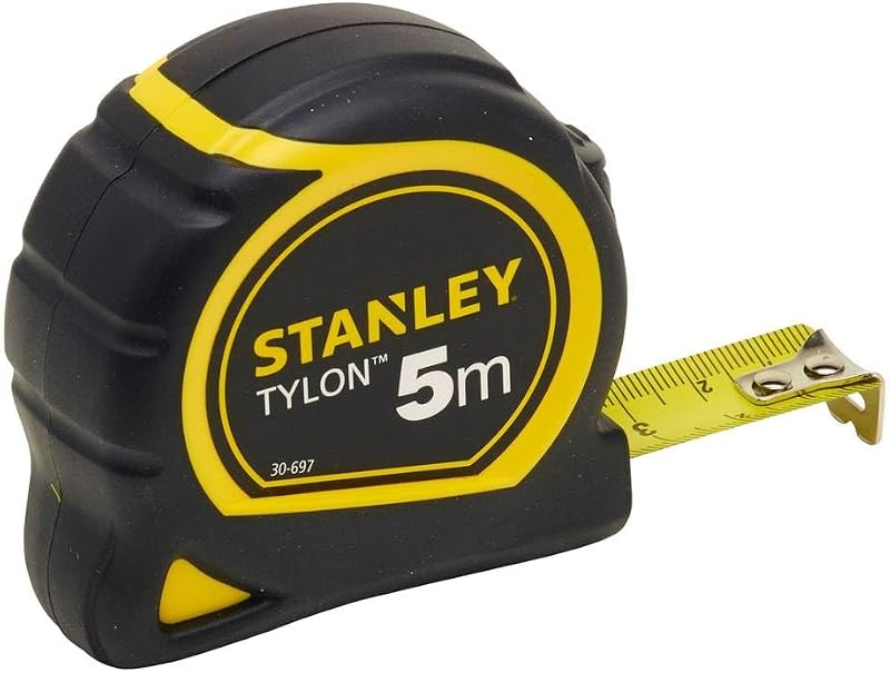 Tape Measure Tylon, 5 m, 19 mm Band Width, Extra Strong Curved, Polymer Protective Layer, Robust Housing, Lock, Automatic Return, Belt Clip, Black/Yellow, 1-30-697