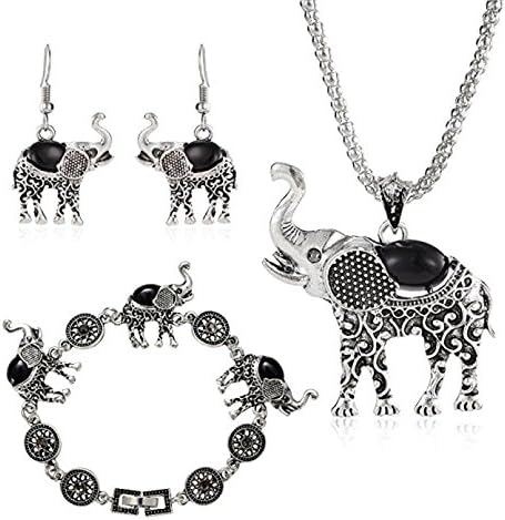 Infasea Garden Womens Vintage Silver Ethnic Tribal Elephant Boho Pendant Necklace Drop Earrings Link Bracelet Jewelry Sets (Black)