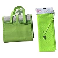 Ultra Light Compact Foldable Woven Green Travel Beach Mat with Inflatable Pillow Handle Strap and Drawstring Mesh Net Gear Bag Gift Set for Picnic, Beach, Camping, Hiking, Outdoor Sports and More