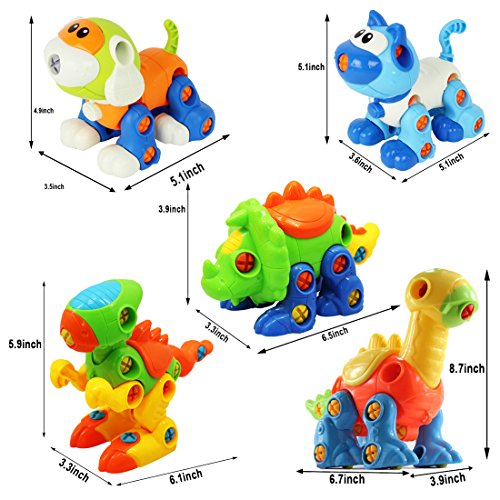 Dinosaur Toys, Take-A-Part Toys with Tools, Large 8L Storage Box,STEM Learning Construction Engineering Toy, Building Play Set,Cat Dog Figure for Kids Boys Girls Toddlers Age 3-10 Years Old, Pack Of 6