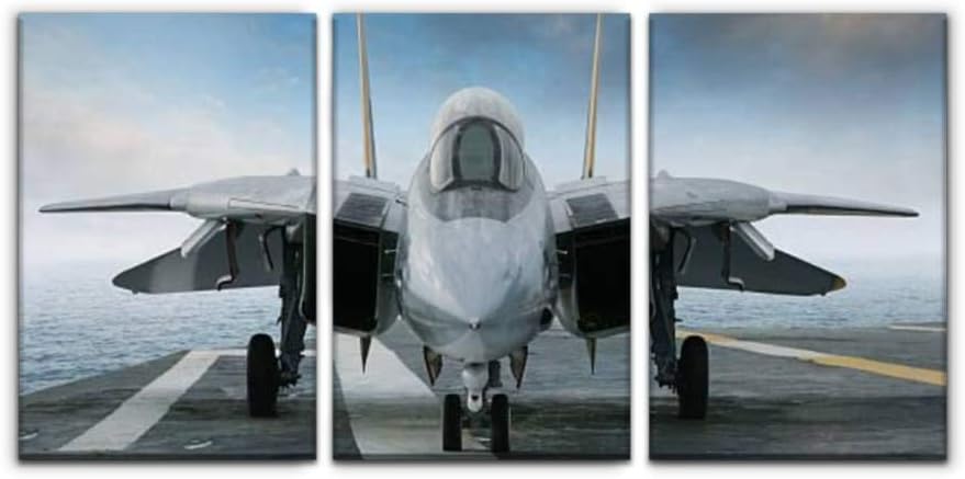 Gracelapin Modern Canvas Painting f 14 Tomcat Fighter Jet on Carrier Deck Military aircrafts and Wall Art Artwork Decor Printed Oil Painting Landscape Home Office Bedroom Framed Decor (16"x24"x3pcs)