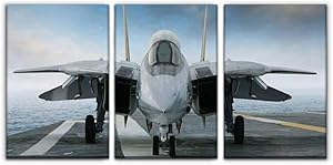 Gracelapin Modern Canvas Painting f 14 Tomcat Fighter Jet on Carrier Deck Military aircrafts and Wall Art Artwork Decor Printed Oil Painting Landscape Home Office Bedroom Framed Decor (16"x24"x3pcs)