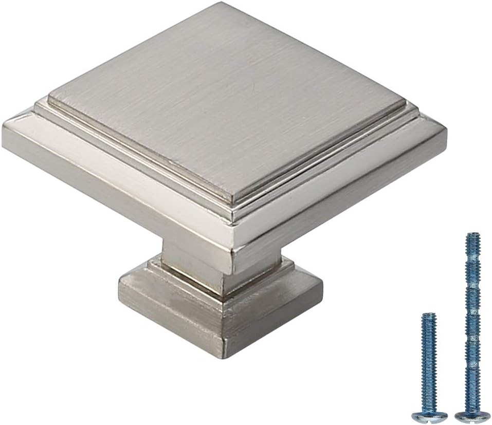 Furniware 50 Pack Cabinet Hardware Knobs, Kitchen Door Cabinet Brushed Satin Nickel Solid Square Knobs - 1.25"x1.25"(32x32mm)
