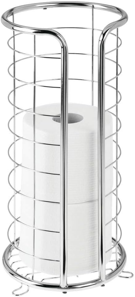 mDesign Decorative Metal Free Standing Toilet Paper Holder Stand with Storage for 3 Rolls of Toilet Tissue - for Bathroom/Powder Room - Holds Jumbo Rolls - Chrome: Home & Kitchen