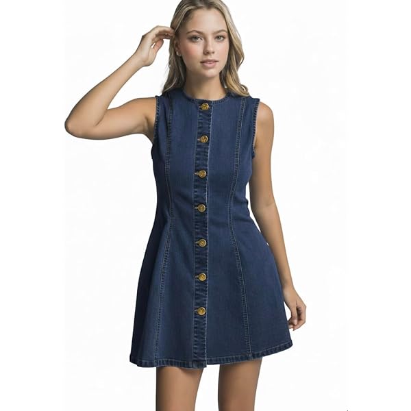 Love Tree Women's Sleeveless Crewneck Button Down Denim Mini Dress Dark Blue-Small at Amazon Women's Clothing store