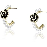 Pearl Floral Earrings for Women Gold Plated Black Rose Earring