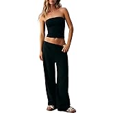 UNCOOYEE Two Piece Sets For Women Summer Outfits Lounge Sets Striped Tube Top And Pants Matching Sets Beach Vacation Travel