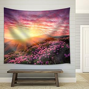Spring Landscape in Mountains with Flower of a Rhododendron and The Sky with Cloud - Fabric Wall Tapestry Home Decor - 51x60 inches