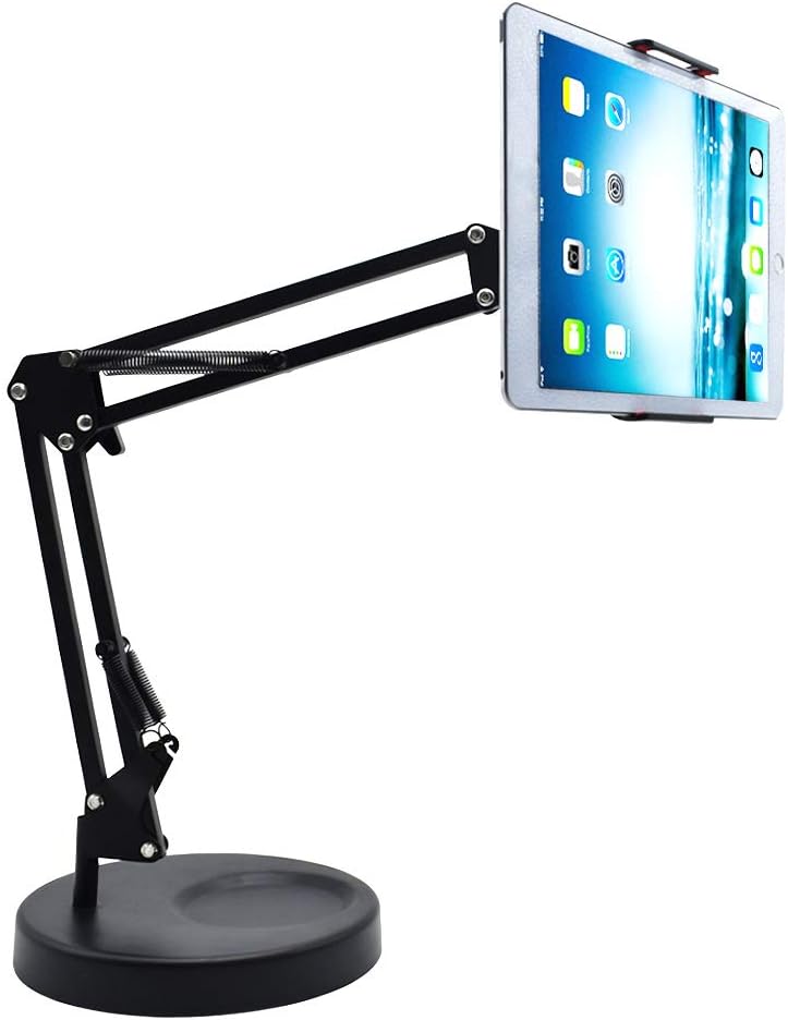 JUYU Tablet Stand 7/9.6/10.1in Desk Mount Adjustable Multi Angle Long Arm Black Cell Phone Stand Holder for Live Streaming, Baking Crafting Demo Videos, Drawing (Black_for Tablet and Cell Phone)
