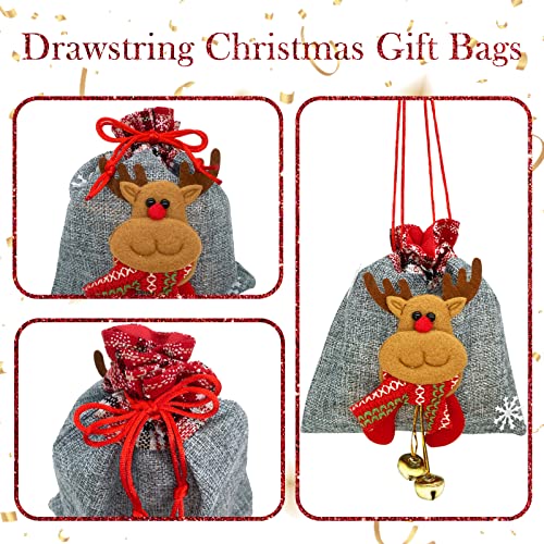 Christmas Gift Bags 6PCS 3D Design Small Medium Burlap Bag Christmas Gift Wrapping Bag Assorted Sizes Xmas Drawstring Bags Reusable Holiday New Year Party Favor Goody Bags Candy Stockings Storage Bag