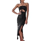 Heysolo Women Summer Cut Out Dresses Backless Halter Neck Side Slit Backless Sleeveless Ruched Party Club Dress