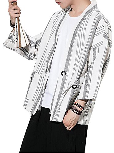Men's Cotton Linen Retro Striped Kimono Cardigan Cloak Jacket 2XL (White Striped, Large) - Thumbnail 2