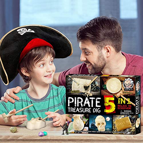 XXTOYS Pirate Treasures Dig Kit Break Into 5 Bricks Treasure Excavation Kits Pirate Toys Gems Dig Kits Interactive Excavating Toys Great Birthday Gift Party Supplies Archeology Educational STEM Kits