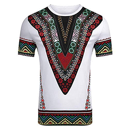 Ximandi Men's Fashion African Printed T Shirt Short Sleeve Casual Shirt Top Blouse White