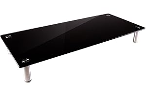 Monoprice Medium Multimedia Desktop Stand, Black Glass (27.6" x 12.2" x 3") - Stand & Riser, Laptop Stand, Desktop TV Stand, 