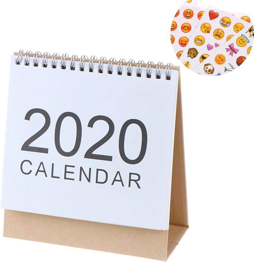 TUANTUAN 1 Pack Desk Monthly Calendar 2019-2020 English Desktop Calendar Daily Calendar Planner with American Holiday and 4 Sheets Expression Stickers,Small